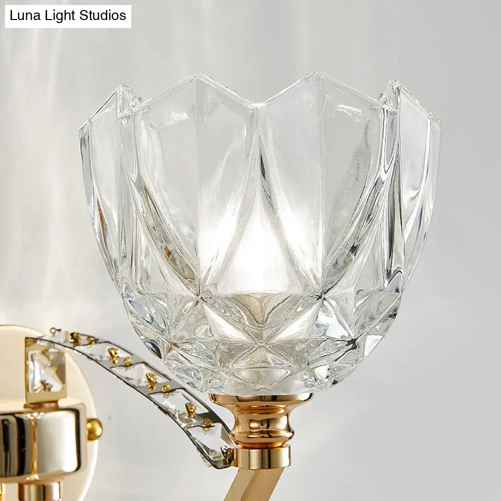Postmodern Clear Glass Wall Mount Sconce Light With Crystal Accent - Gold Finish