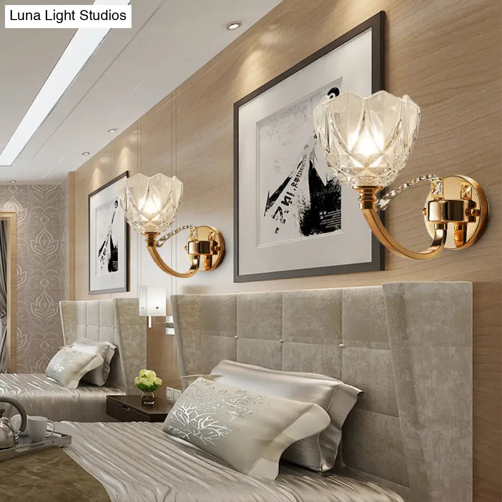 Postmodern Clear Glass Wall Mount Sconce Light With Crystal Accent - Gold Finish