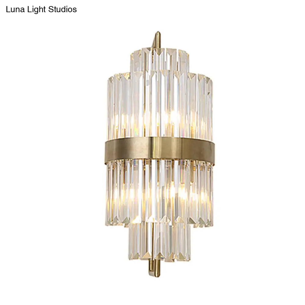 Postmodern Crystal Block Wall Sconce In Gold With 2 Cylinder Lights - Ideal For Corridors