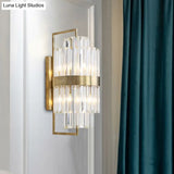 Postmodern Crystal Block Wall Sconce In Gold With 2 Cylinder Lights - Ideal For Corridors