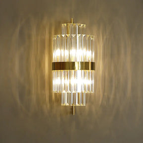 Postmodern Crystal Block Wall Sconce In Gold With 2 Cylinder Lights - Ideal For Corridors