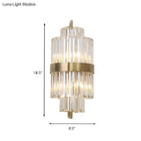 Postmodern Crystal Block Wall Sconce In Gold With 2 Cylinder Lights - Ideal For Corridors
