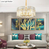 Postmodern Crystal Chandelier Lamp - Round Tri-Sided Rod Style 8/10 Lights Gold Finish Hanging Light