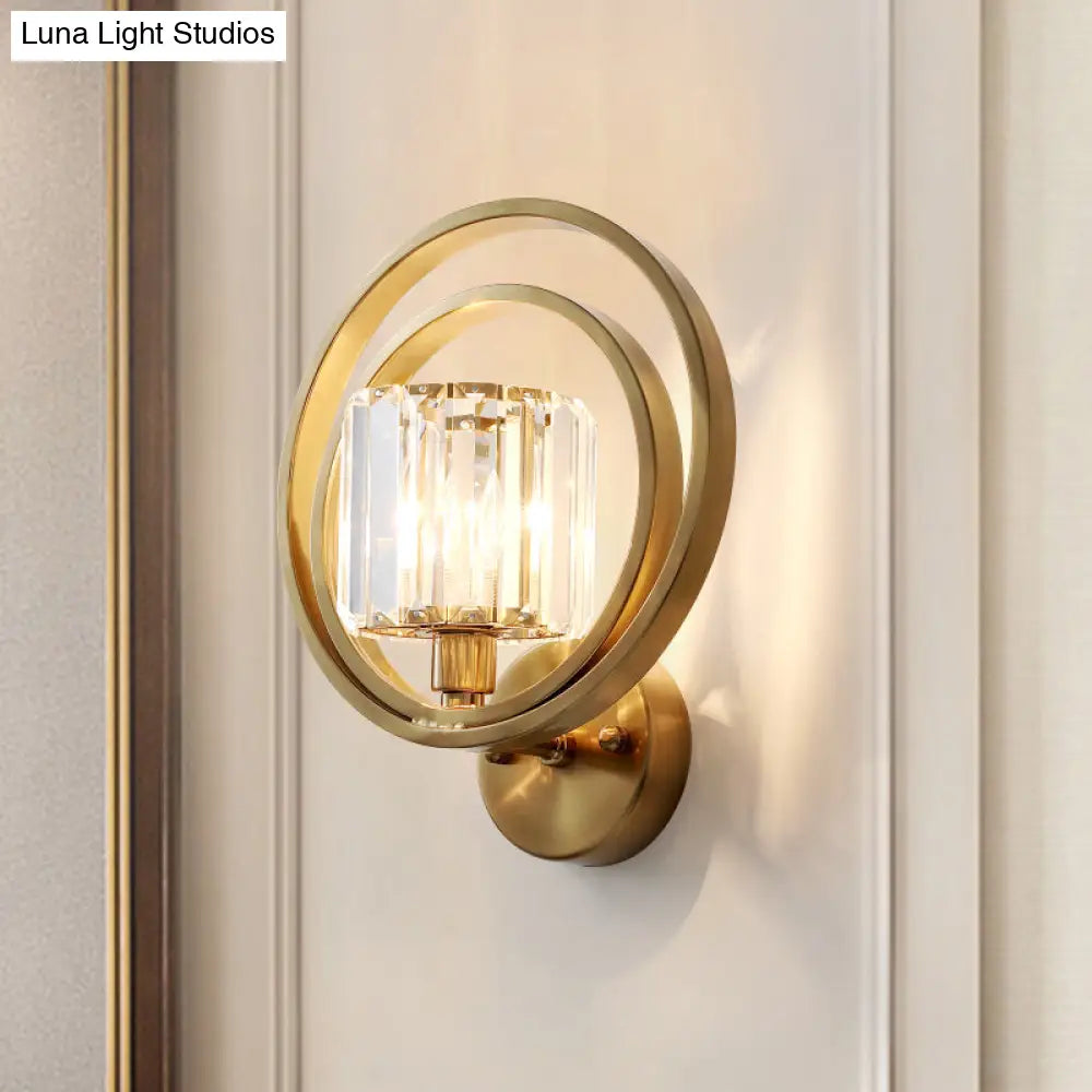Postmodern Crystal Drum Wall Mount Sconce Light With Brass Orb Frame