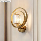 Postmodern Crystal Drum Wall Mount Sconce Light With Brass Orb Frame