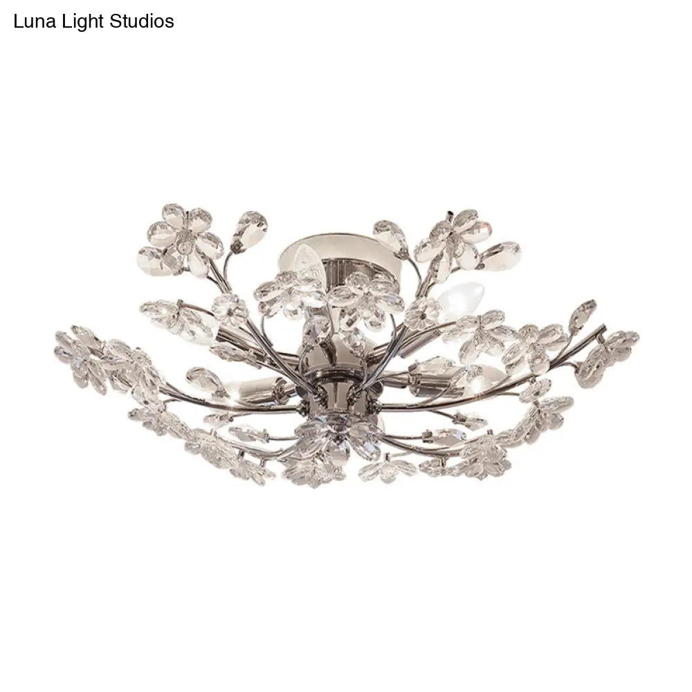 Postmodern Crystal Flower Ceiling Light - 6 Lights Chrome Finish Semi Flush 23’/27.5’ Wide
