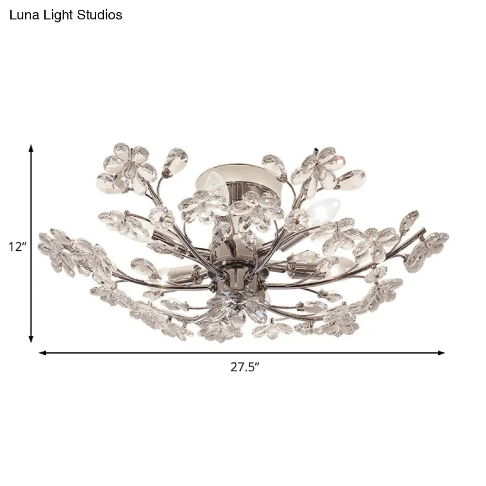 Postmodern Crystal Flower Ceiling Light - 6 Lights Chrome Finish Semi Flush 23’/27.5’ Wide