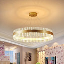 Postmodern Crystal Rod Gold Led Chandelier Light - Circular Ceiling Hanging Fixture Multiple Width