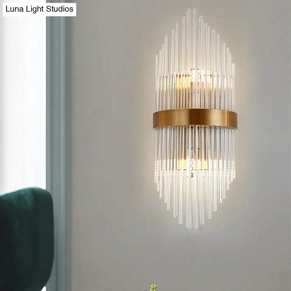 Postmodern Crystal Rod Shield Wall Mount Sconce Light For Living Room - Gold Finish 2/3 Heads