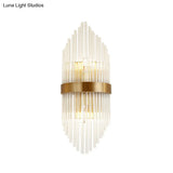 Postmodern Crystal Rod Shield Wall Mount Sconce Light For Living Room - Gold Finish 2/3 Heads