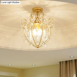 Postmodern Crystal Strand Brass Ceiling Fixture - Curve Arm Semi Flush Mount With 3 Lights