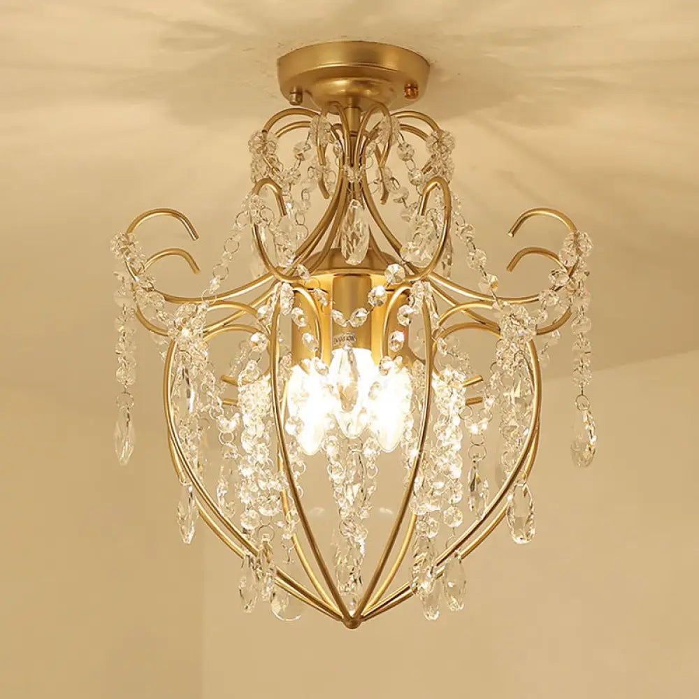 Postmodern Crystal Strand Brass Ceiling Fixture - Curve Arm Semi Flush Mount With 3 Lights