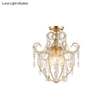 Postmodern Crystal Strand Brass Ceiling Fixture - Curve Arm Semi Flush Mount With 3 Lights