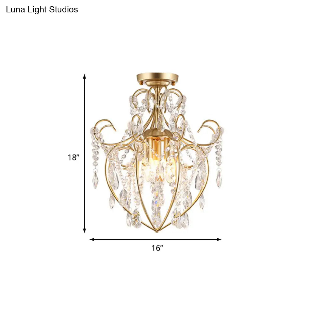 Postmodern Crystal Strand Brass Ceiling Fixture - Curve Arm Semi Flush Mount With 3 Lights