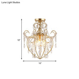 Postmodern Crystal Strand Brass Ceiling Fixture - Curve Arm Semi Flush Mount With 3 Lights
