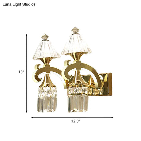Postmodern Crystal Wall Sconce With Gold Mount And Dangling Rods - Half Bulb Lighting