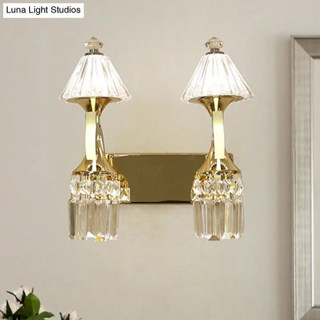 Postmodern Crystal Wall Sconce With Gold Mount And Dangling Rods - Half Bulb Lighting