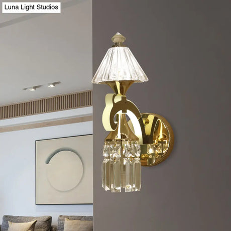 Postmodern Crystal Wall Sconce With Gold Mount And Dangling Rods - Half Bulb Lighting