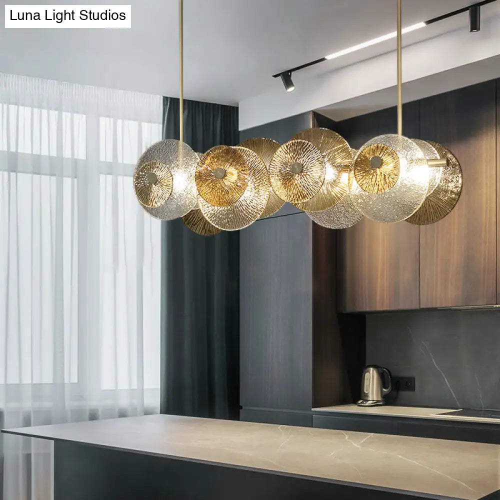 Postmodern Disc Textured Glass Island Lighting: 4-Light Brass Suspension Light For Dinner