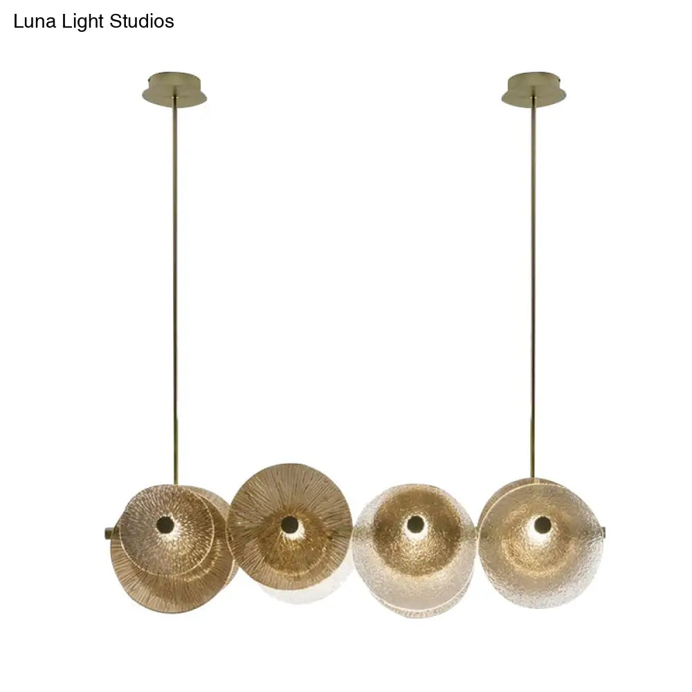 Postmodern Disc Textured Glass Island Lighting: 4-Light Brass Suspension Light For Dinner