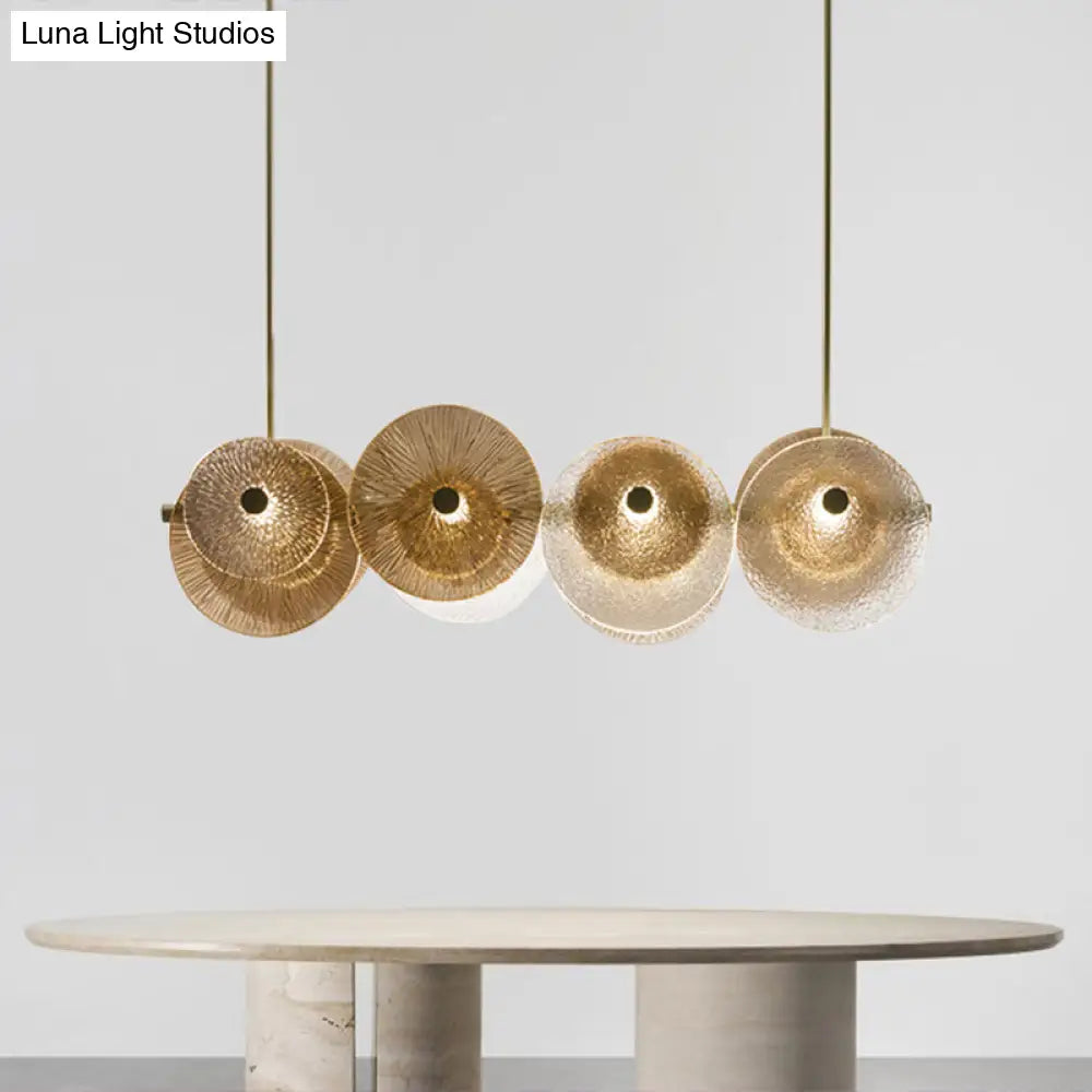 Postmodern Disc Textured Glass Island Lighting: 4-Light Brass Suspension Light For Dinner