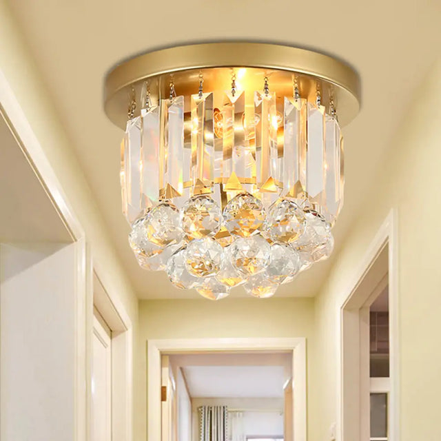 Postmodern Drum Ceiling Light With Crystal Shade - Metal Flush Mount 2 Lights For Corridor Brass
