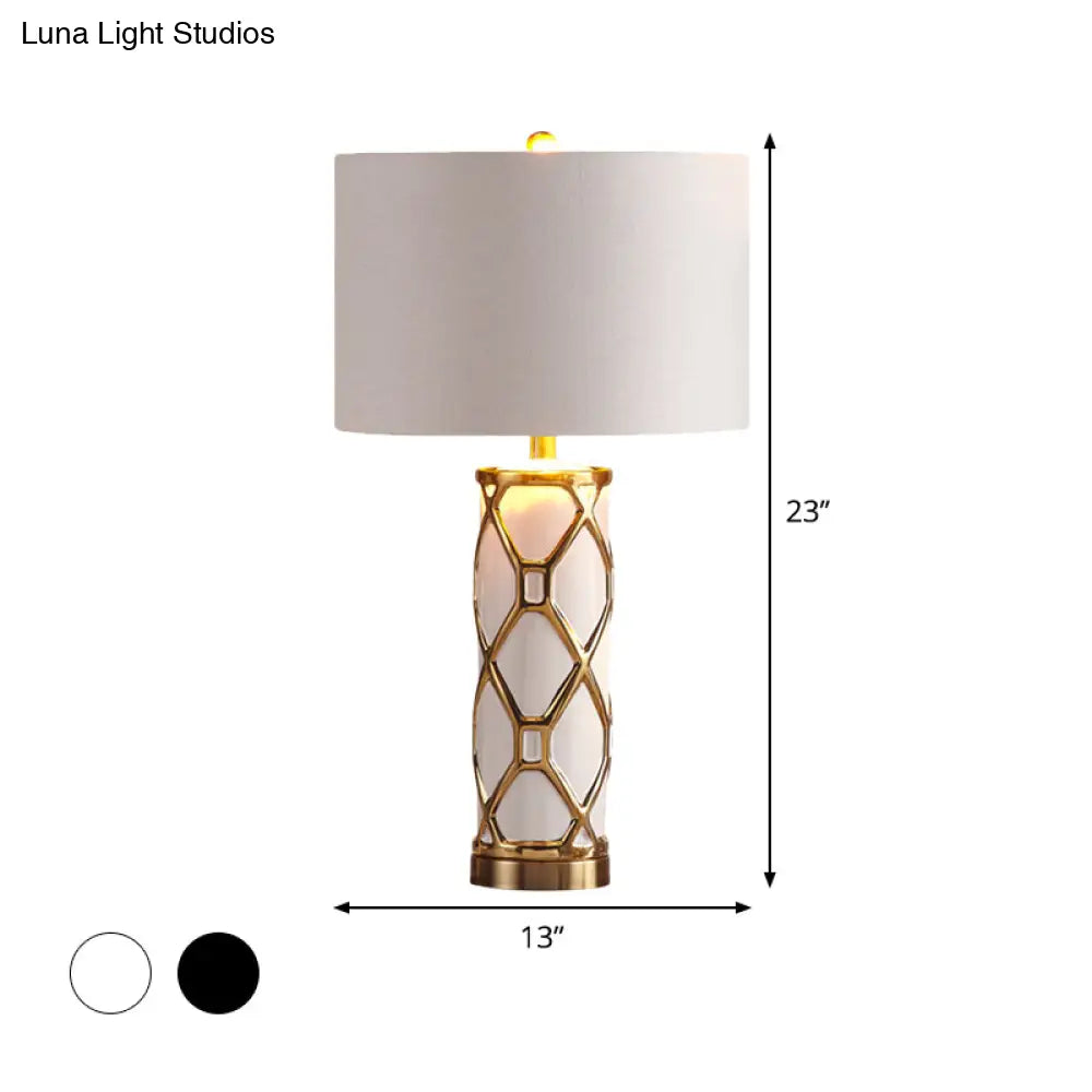 Postmodern Fabric Cylinder Nightstand Lamp- 13/15 Height 1 Light White/Black Metal- Perfect For