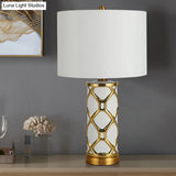 Postmodern Fabric Cylinder Nightstand Lamp- 13/15 Height 1 Light White/Black Metal- Perfect For