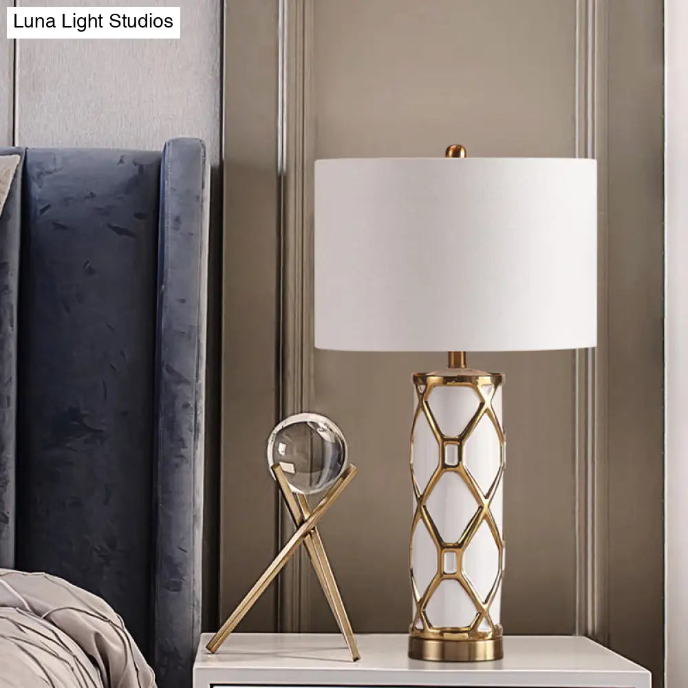 Postmodern Fabric Cylinder Nightstand Lamp- 13/15 Height 1 Light White/Black Metal- Perfect For