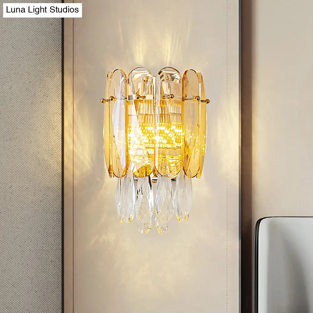 Postmodern Faceted Crystal Gold Sconce Light - Half-Cylinder Wall Mount For Bedroom