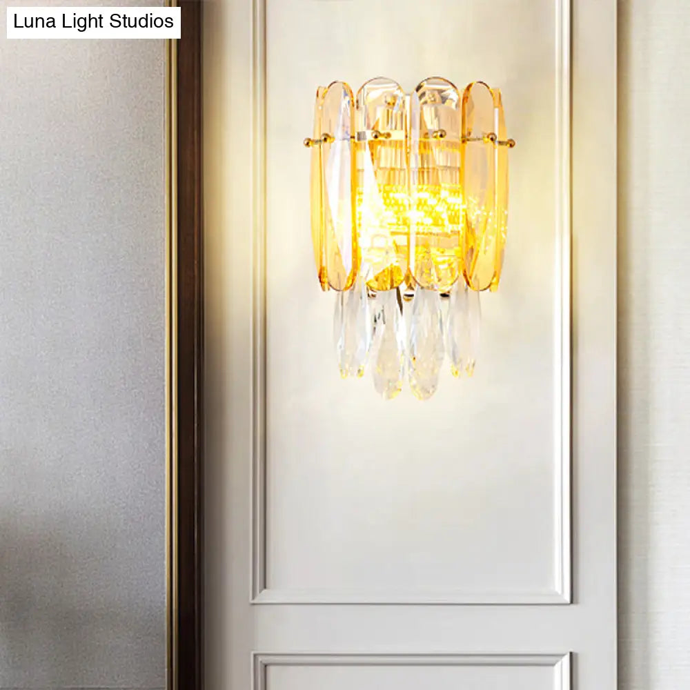 Postmodern Faceted Crystal Gold Sconce Light - Half-Cylinder Wall Mount For Bedroom