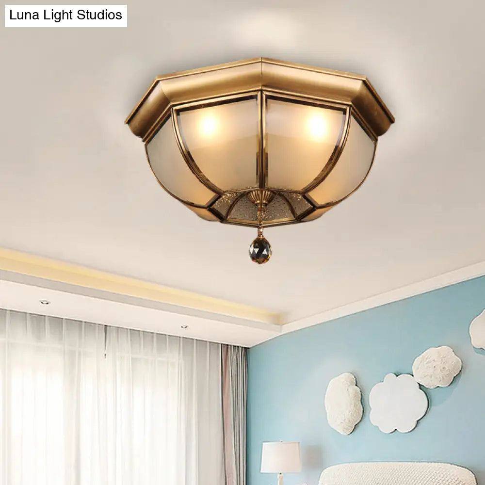Postmodern Frosted Glass Dome Ceiling Mount Fixture 3/4 Heads Brass Flush Lighting With Crystal