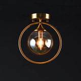 Postmodern Glass Ball Ceiling Light With Brass Metal Ring - 1-Light Semi-Flush Mount For Corridors