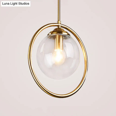 Postmodern Glass Pendant Light With Brass Ring For Bedroom - Single-Bulb Globe Down Lighting In
