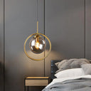 Postmodern Glass Pendant Light With Brass Ring For Bedroom - Single-Bulb Globe Down Lighting In
