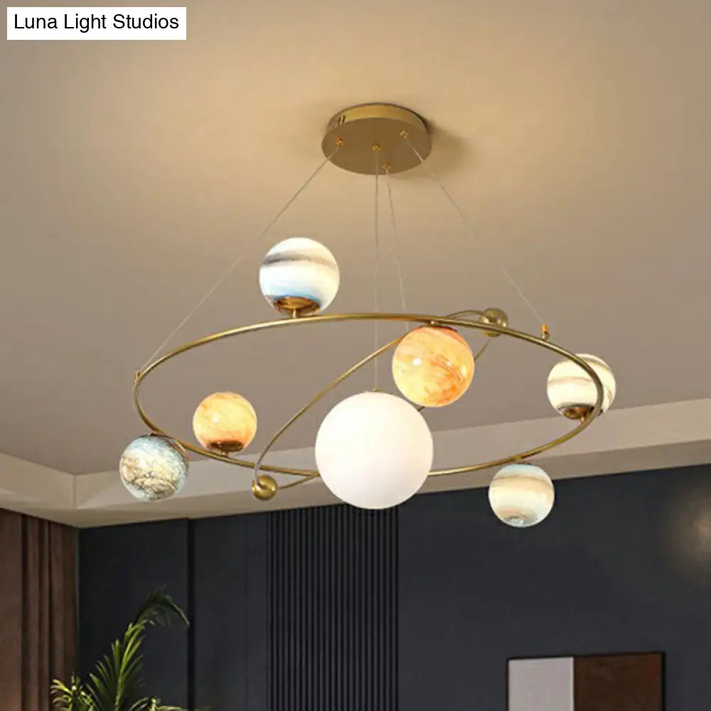 Postmodern Glass Planet Hanging Lamp With Brass Finish Ideal For Living Room