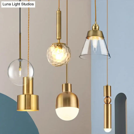 Postmodern Gold Conical/Hoop/Grenade Hanging Lamp - 1-Light Metal/Clear Glass Suspension Pendant