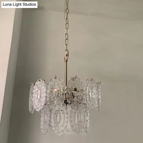 Postmodern Gold Crystal Ceiling Chandelier For Living Room - Elegant Tiered Carved Design