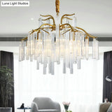 Postmodern Gold Curved Arm Chandelier With 7 Crystal Rod Heads - Tri-Sided Hanging Light Fixture