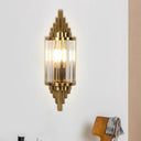 Postmodern Gold Finish Cylinder Wall Sconce With Crystal Prisms - Ideal For Living Room
