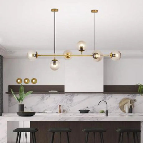 Postmodern Gold Island Pendant With Glass Shades- Set Of 6 Clear