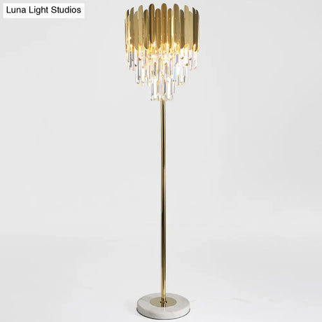 Postmodern Gold Taper Floor Lamp With 3-Light Prismatic Crystal For Living Room