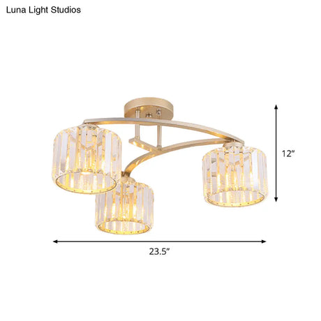 Postmodern Gold V Arm Ceiling Mount Chandelier: Crystal Shade 3 Bulbs Semi Flush Light For
