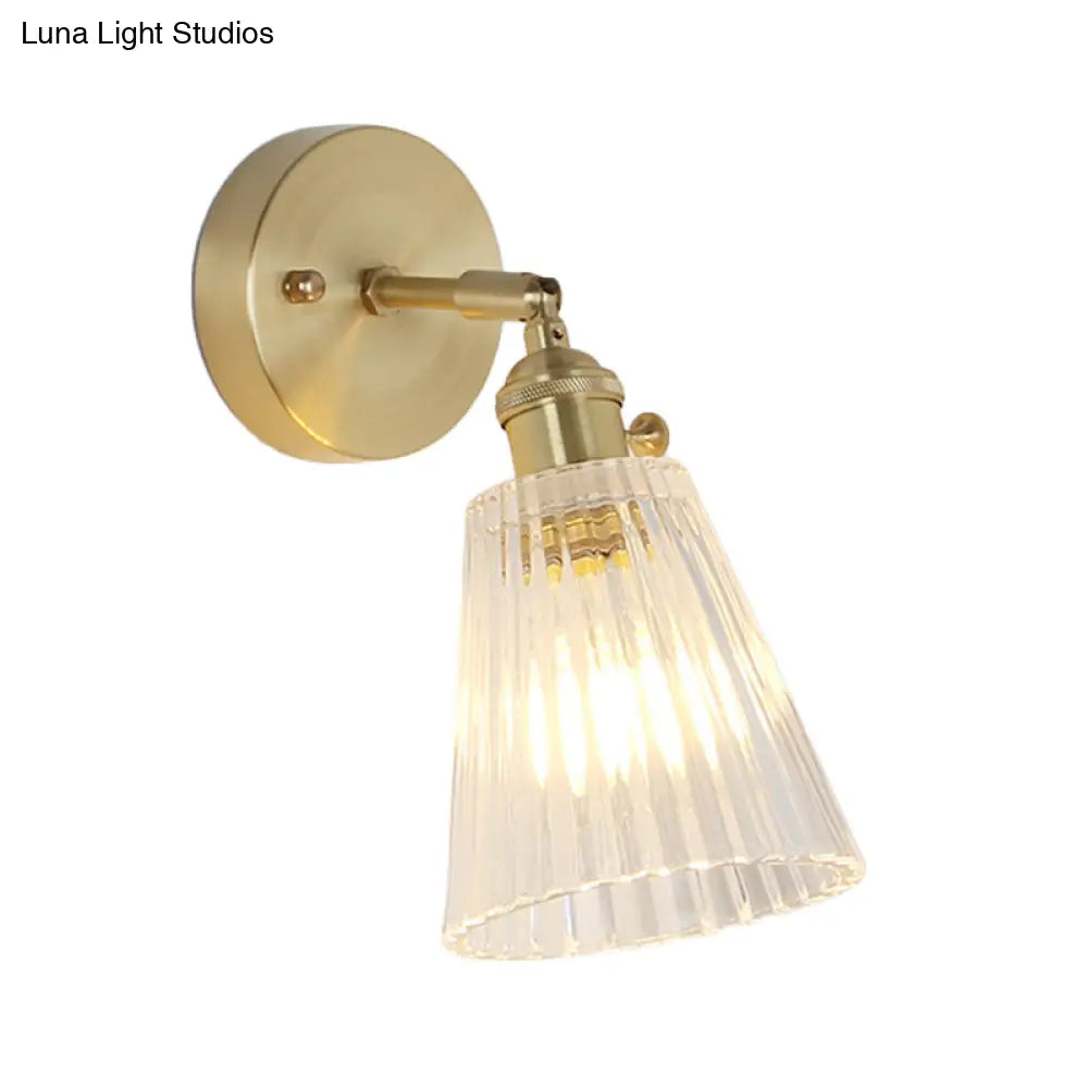 Postmodern Gold Wall Light With Clear Ribbed Glass - Conical Design Rotating Feature 1 Kit