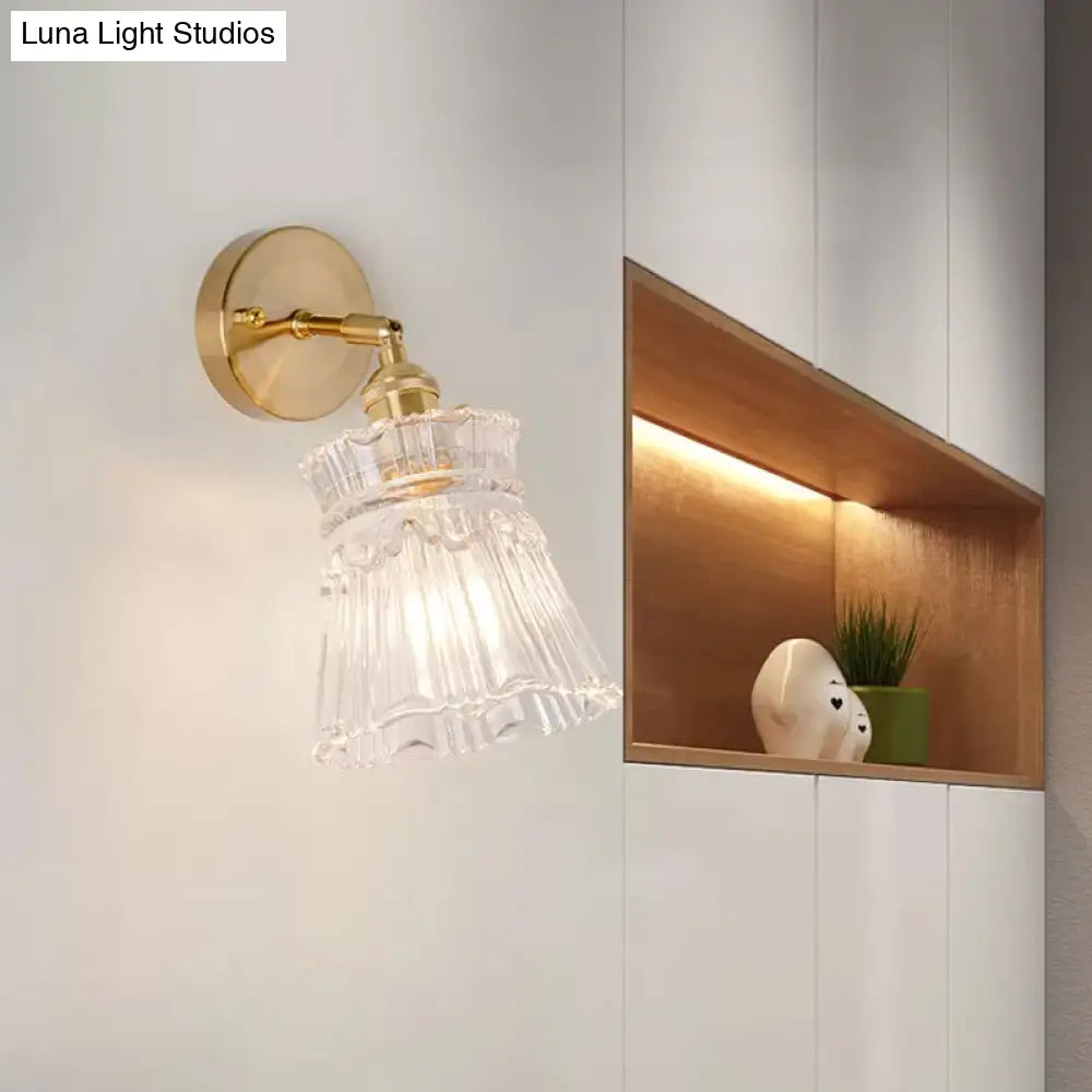 Postmodern Gold Wall Light With Clear Ribbed Glass - Conical Design Rotating Feature 1 Kit