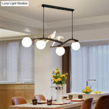 Postmodern Island Lamp Tree Branch Hanging Light With Glass Shades And Bird Deco 4-Bulb Design