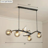 Postmodern Island Lamp Tree Branch Hanging Light With Glass Shades And Bird Deco 4-Bulb Design