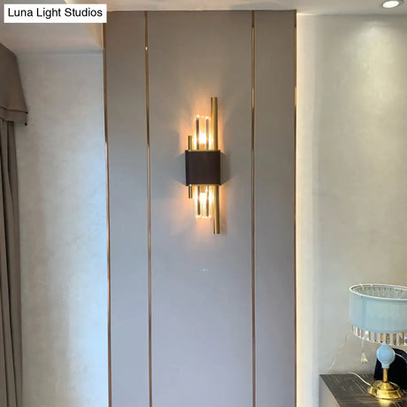 Postmodern K9 Crystal Wall Light Fixture - 2-Head Black-Brass Sconce For Living Room