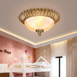 Postmodern Ridged Crystal Flush Mount Brass Ceiling Lamp For Bedroom - 3 Heads
