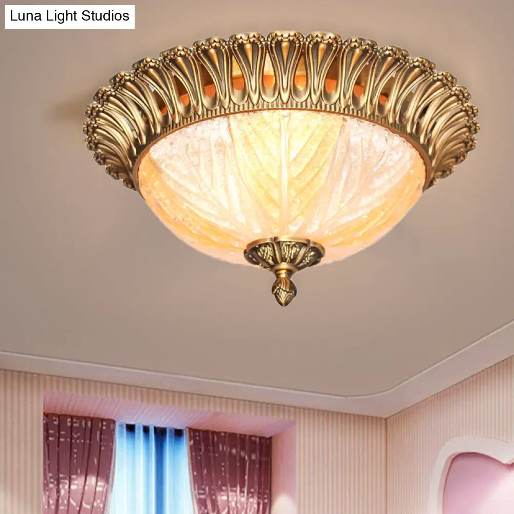 Postmodern Ridged Crystal Flush Mount Brass Ceiling Lamp For Bedroom - 3 Heads